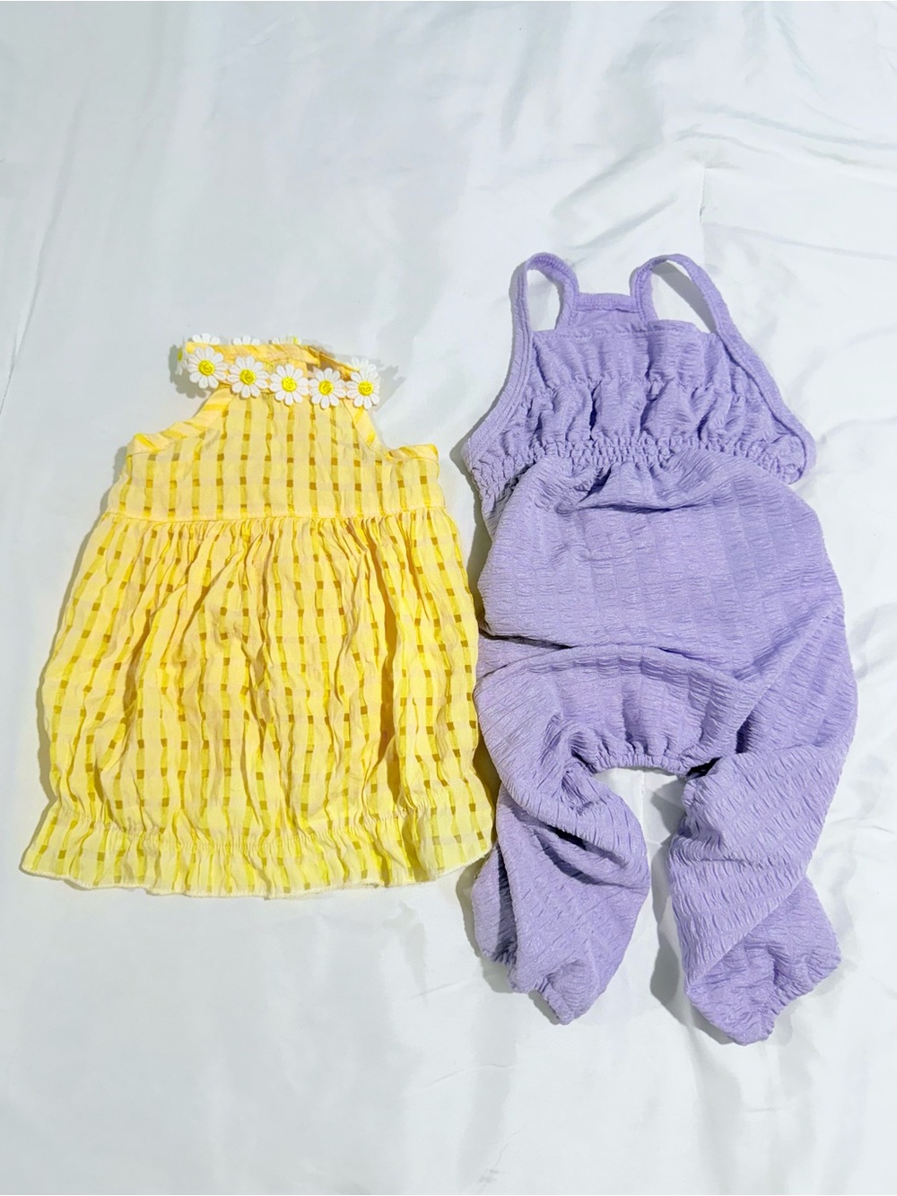 Yellow Daisy Trim Sundress & Lavender Smocked Romper Set